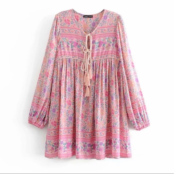 Babydoll Boho Floral Gypsy Print Dress Pink - Picture 3 of 12